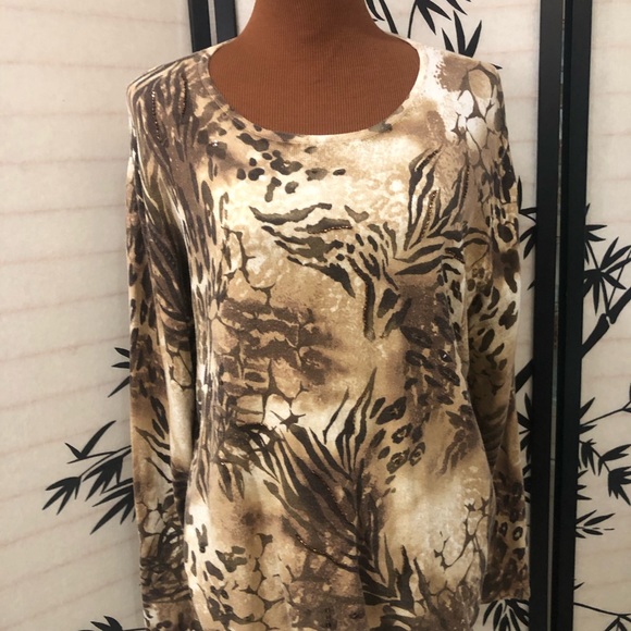 Alfred Dunner Long Sleeve Sweater Scoop Neck Animal Print Tan Brown Size XL GUC - Picture 2 of 9